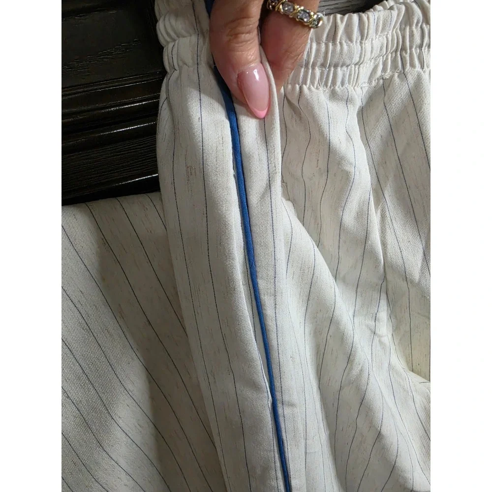Divina Moda Womens Pinstripe Pant Suit Set Cream Blue Blazer Trousers Small